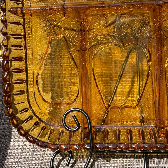 INDIANA GLASS AMBER DEPRESSION DIVIDED RELISH SERVING TRAY MID CENTURY MODERN - Picture 5 of 7